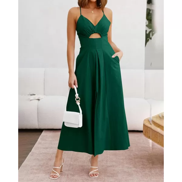 BTFBM Women 2024 Summer Spaghetti Strap Dress Sleeveless V Neck Cutout Slit Casual Beach Party Maxi Dresses with PocketsSolid Dark Green