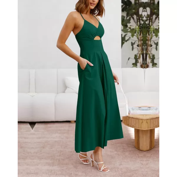 BTFBM Women 2024 Summer Spaghetti Strap Dress Sleeveless V Neck Cutout Slit Casual Beach Party Maxi Dresses with PocketsSolid Dark Green