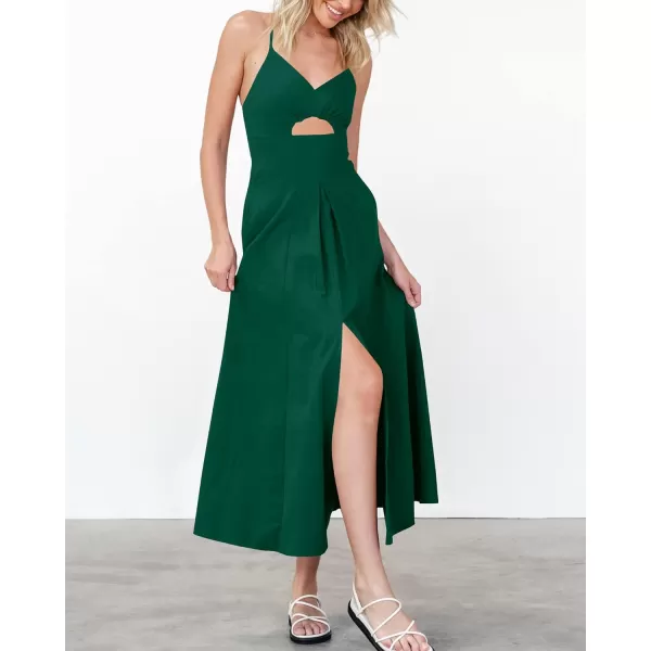 BTFBM Women 2024 Summer Spaghetti Strap Dress Sleeveless V Neck Cutout Slit Casual Beach Party Maxi Dresses with PocketsSolid Dark Green