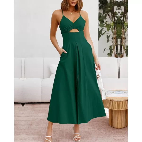 BTFBM Women 2024 Summer Spaghetti Strap Dress Sleeveless V Neck Cutout Slit Casual Beach Party Maxi Dresses with PocketsSolid Dark Green