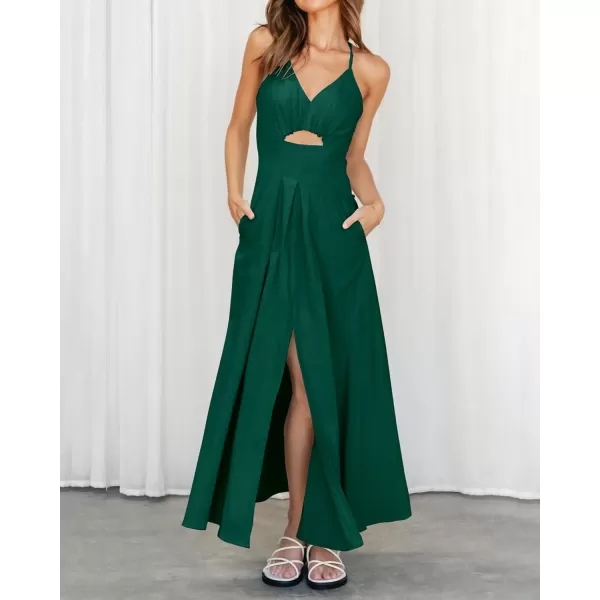 BTFBM Women 2024 Summer Spaghetti Strap Dress Sleeveless V Neck Cutout Slit Casual Beach Party Maxi Dresses with PocketsSolid Dark Green