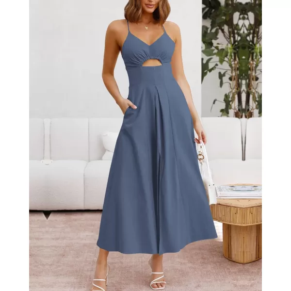 BTFBM Women 2024 Summer Spaghetti Strap Dress Sleeveless V Neck Cutout Slit Casual Beach Party Maxi Dresses with PocketsSolid Dark Grey Blue