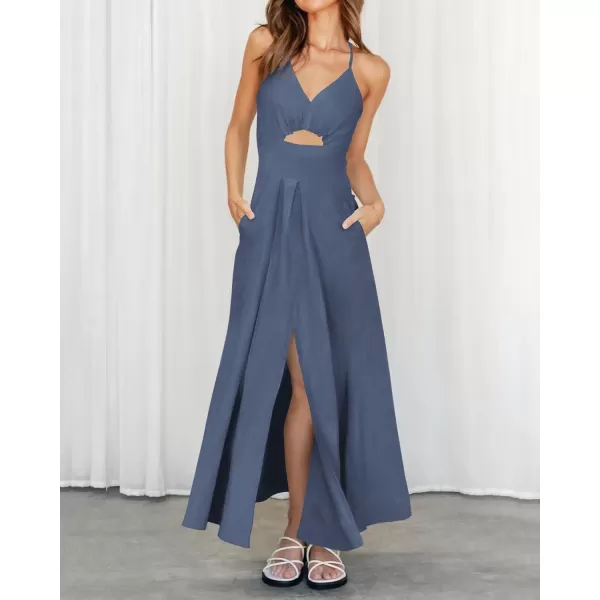 BTFBM Women 2024 Summer Spaghetti Strap Dress Sleeveless V Neck Cutout Slit Casual Beach Party Maxi Dresses with PocketsSolid Dark Grey Blue
