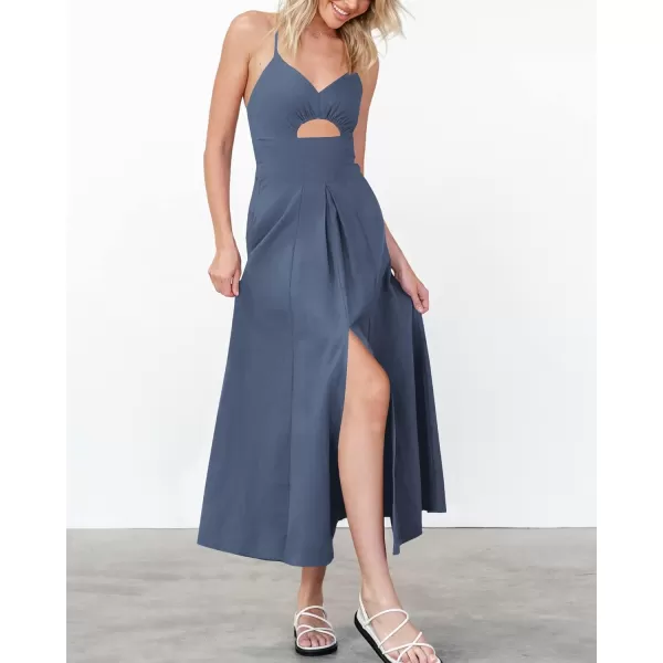 BTFBM Women 2024 Summer Spaghetti Strap Dress Sleeveless V Neck Cutout Slit Casual Beach Party Maxi Dresses with PocketsSolid Dark Grey Blue