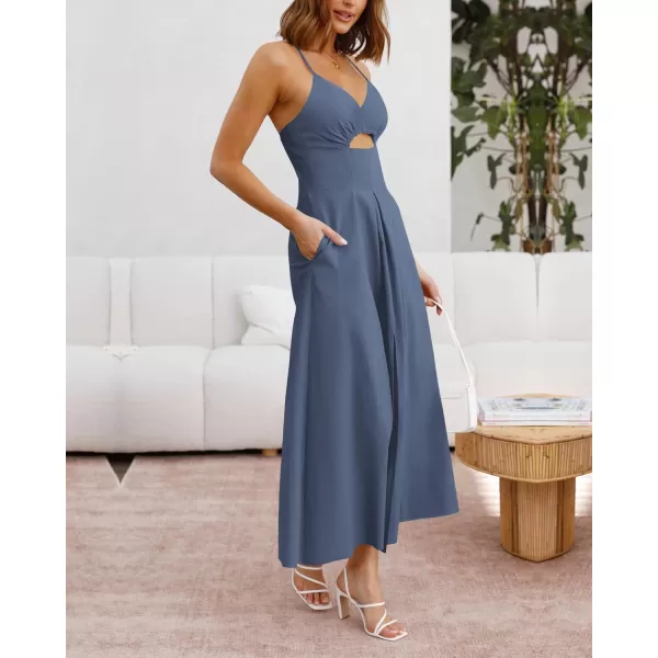BTFBM Women 2024 Summer Spaghetti Strap Dress Sleeveless V Neck Cutout Slit Casual Beach Party Maxi Dresses with PocketsSolid Dark Grey Blue
