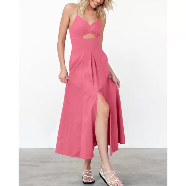 BTFBM Women 2024 Summer Spaghetti Strap Dress Sleeveless V Neck Cutout Slit Casual Beach Party Maxi Dresses with PocketsSolid Dark Pink