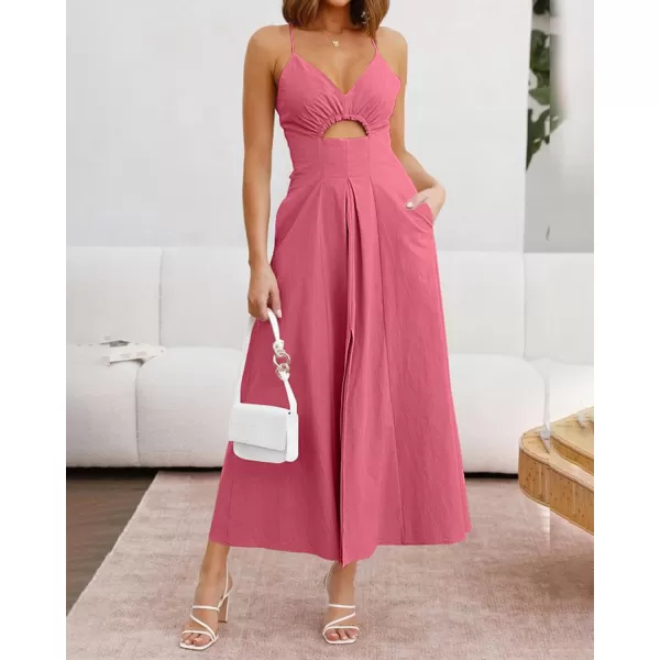 BTFBM Women 2024 Summer Spaghetti Strap Dress Sleeveless V Neck Cutout Slit Casual Beach Party Maxi Dresses with PocketsSolid Dark Pink