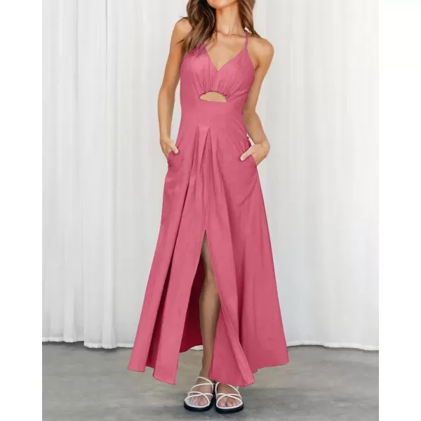 BTFBM Women 2024 Summer Spaghetti Strap Dress Sleeveless V Neck Cutout Slit Casual Beach Party Maxi Dresses with PocketsSolid Dark Pink
