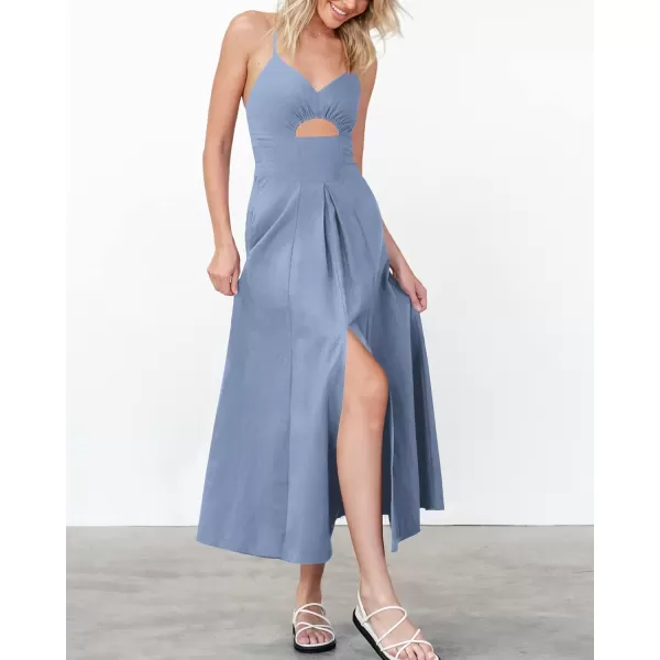 BTFBM Women 2024 Summer Spaghetti Strap Dress Sleeveless V Neck Cutout Slit Casual Beach Party Maxi Dresses with PocketsSolid Grey Blue