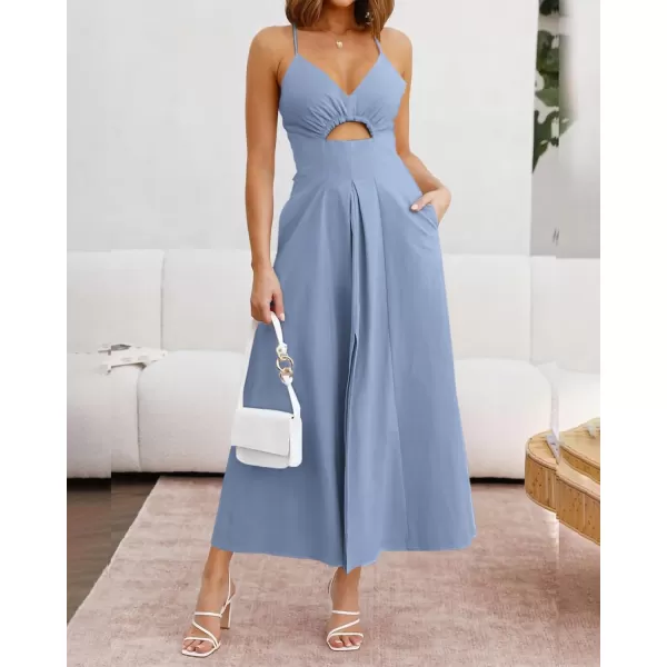 BTFBM Women 2024 Summer Spaghetti Strap Dress Sleeveless V Neck Cutout Slit Casual Beach Party Maxi Dresses with PocketsSolid Grey Blue