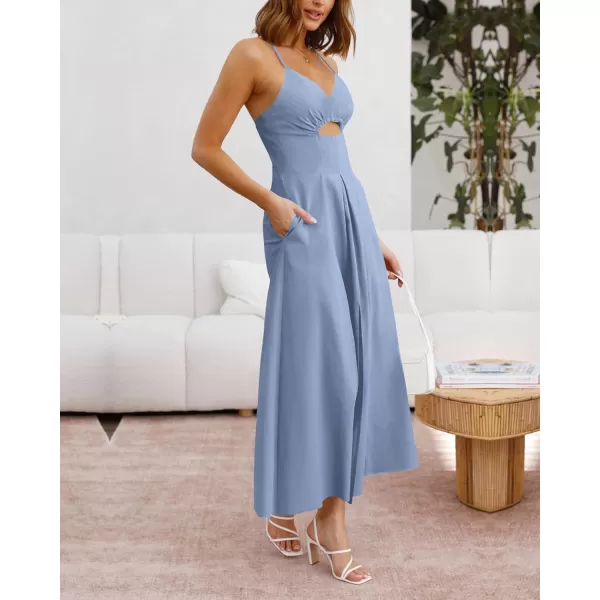 BTFBM Women 2024 Summer Spaghetti Strap Dress Sleeveless V Neck Cutout Slit Casual Beach Party Maxi Dresses with PocketsSolid Grey Blue