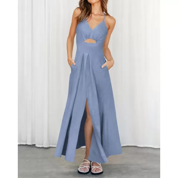 BTFBM Women 2024 Summer Spaghetti Strap Dress Sleeveless V Neck Cutout Slit Casual Beach Party Maxi Dresses with PocketsSolid Grey Blue