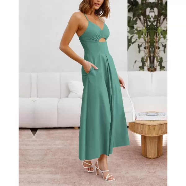 BTFBM Women 2024 Summer Spaghetti Strap Dress Sleeveless V Neck Cutout Slit Casual Beach Party Maxi Dresses with PocketsSolid Grey Green