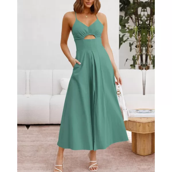 BTFBM Women 2024 Summer Spaghetti Strap Dress Sleeveless V Neck Cutout Slit Casual Beach Party Maxi Dresses with PocketsSolid Grey Green
