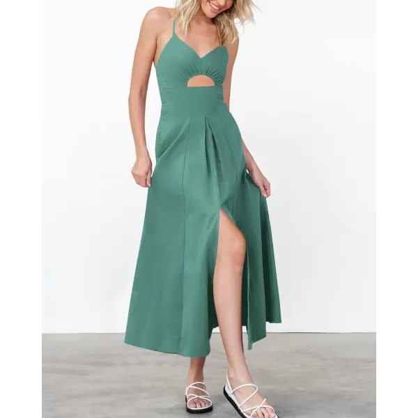 BTFBM Women 2024 Summer Spaghetti Strap Dress Sleeveless V Neck Cutout Slit Casual Beach Party Maxi Dresses with PocketsSolid Grey Green