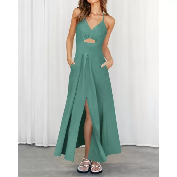 BTFBM Women 2024 Summer Spaghetti Strap Dress Sleeveless V Neck Cutout Slit Casual Beach Party Maxi Dresses with PocketsSolid Grey Green