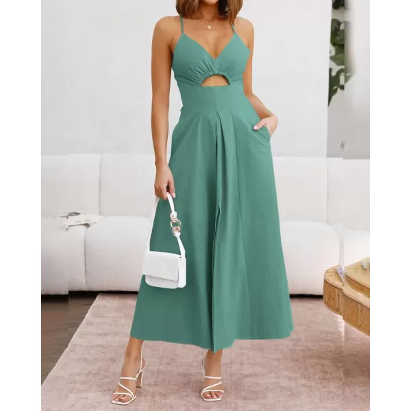 BTFBM Women 2024 Summer Spaghetti Strap Dress Sleeveless V Neck Cutout Slit Casual Beach Party Maxi Dresses with PocketsSolid Grey Green