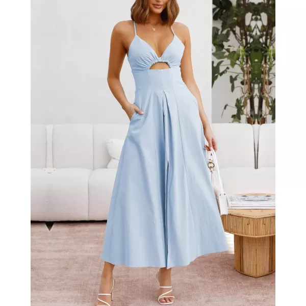 BTFBM Women 2024 Summer Spaghetti Strap Dress Sleeveless V Neck Cutout Slit Casual Beach Party Maxi Dresses with PocketsSolid Light Blue