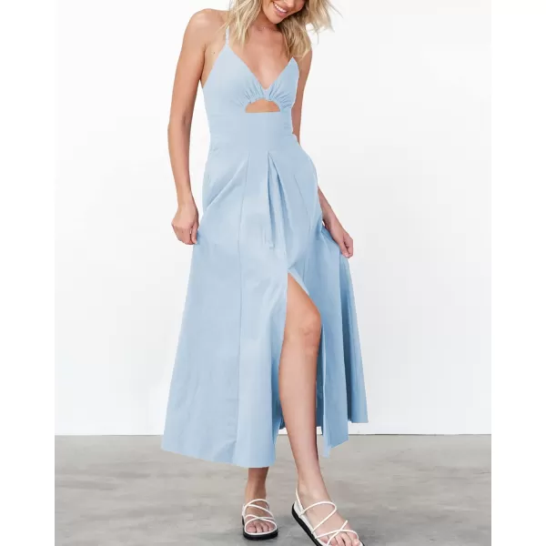 BTFBM Women 2024 Summer Spaghetti Strap Dress Sleeveless V Neck Cutout Slit Casual Beach Party Maxi Dresses with PocketsSolid Light Blue