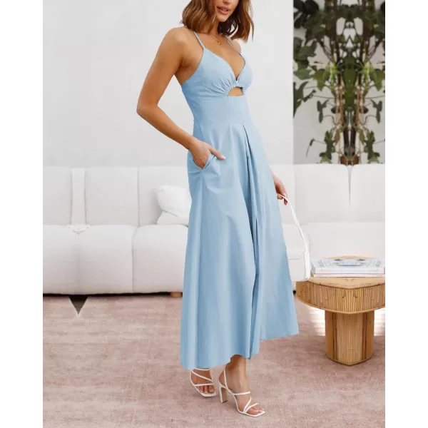 BTFBM Women 2024 Summer Spaghetti Strap Dress Sleeveless V Neck Cutout Slit Casual Beach Party Maxi Dresses with PocketsSolid Light Blue