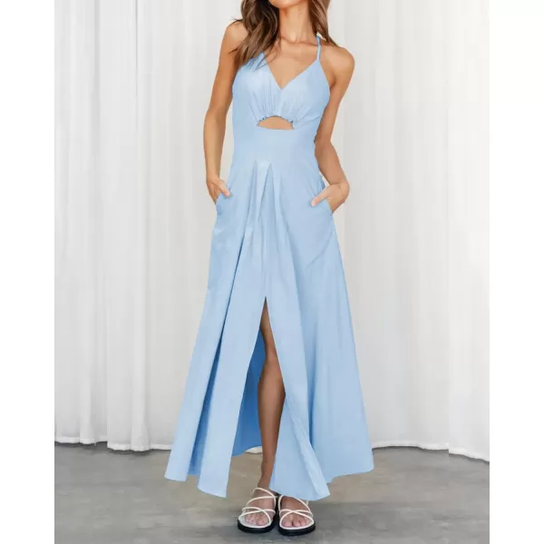 BTFBM Women 2024 Summer Spaghetti Strap Dress Sleeveless V Neck Cutout Slit Casual Beach Party Maxi Dresses with PocketsSolid Light Blue