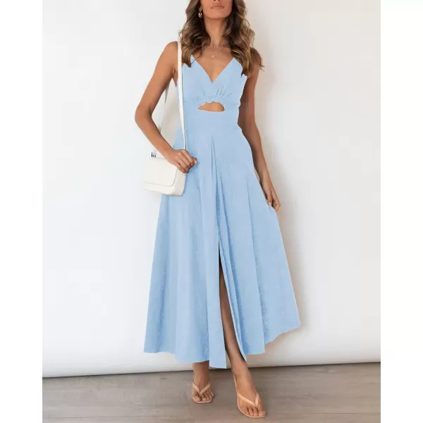 BTFBM Women 2024 Summer Spaghetti Strap Dress Sleeveless V Neck Cutout Slit Casual Beach Party Maxi Dresses with PocketsSolid Light Blue