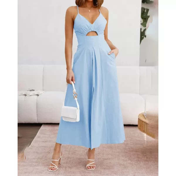 BTFBM Women 2024 Summer Spaghetti Strap Dress Sleeveless V Neck Cutout Slit Casual Beach Party Maxi Dresses with PocketsSolid Light Blue