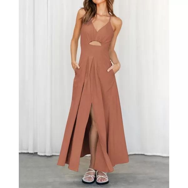 BTFBM Women 2024 Summer Spaghetti Strap Dress Sleeveless V Neck Cutout Slit Casual Beach Party Maxi Dresses with PocketsSolid Light Brown