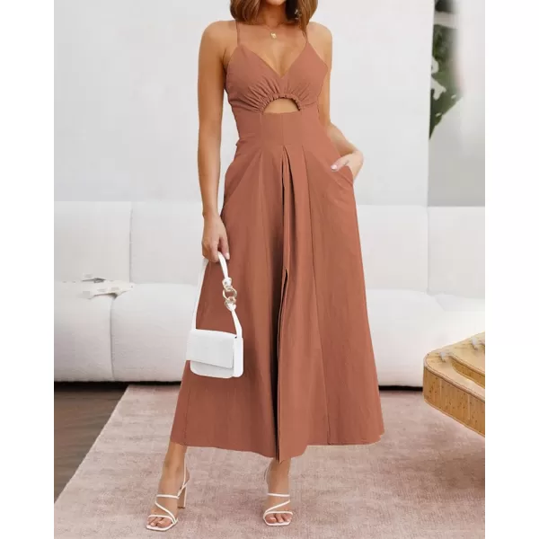 BTFBM Women 2024 Summer Spaghetti Strap Dress Sleeveless V Neck Cutout Slit Casual Beach Party Maxi Dresses with PocketsSolid Light Brown