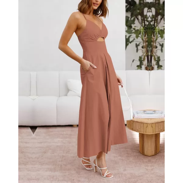 BTFBM Women 2024 Summer Spaghetti Strap Dress Sleeveless V Neck Cutout Slit Casual Beach Party Maxi Dresses with PocketsSolid Light Brown