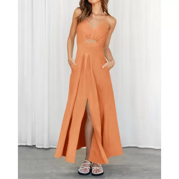 BTFBM Women 2024 Summer Spaghetti Strap Dress Sleeveless V Neck Cutout Slit Casual Beach Party Maxi Dresses with PocketsSolid Light Orange