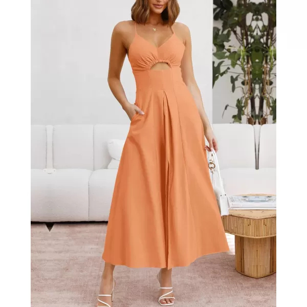 BTFBM Women 2024 Summer Spaghetti Strap Dress Sleeveless V Neck Cutout Slit Casual Beach Party Maxi Dresses with PocketsSolid Light Orange