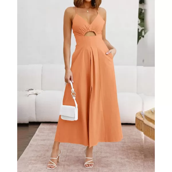 BTFBM Women 2024 Summer Spaghetti Strap Dress Sleeveless V Neck Cutout Slit Casual Beach Party Maxi Dresses with PocketsSolid Light Orange
