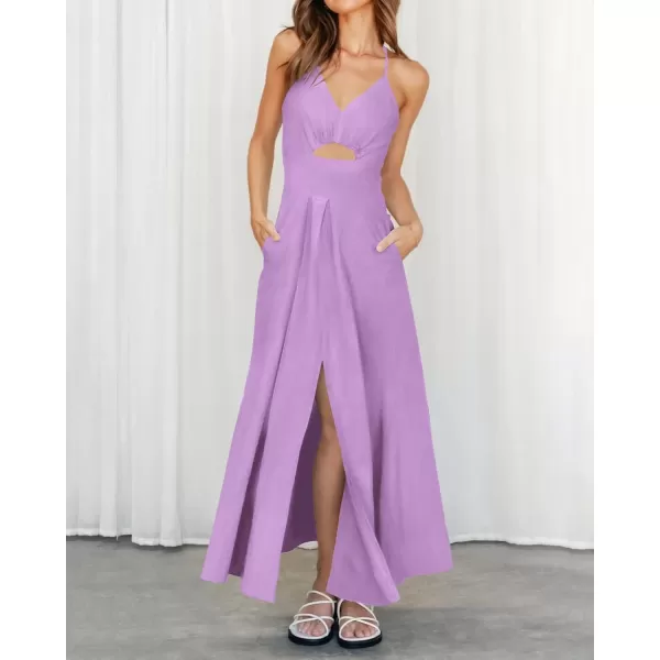 BTFBM Women 2024 Summer Spaghetti Strap Dress Sleeveless V Neck Cutout Slit Casual Beach Party Maxi Dresses with PocketsSolid Light Purple
