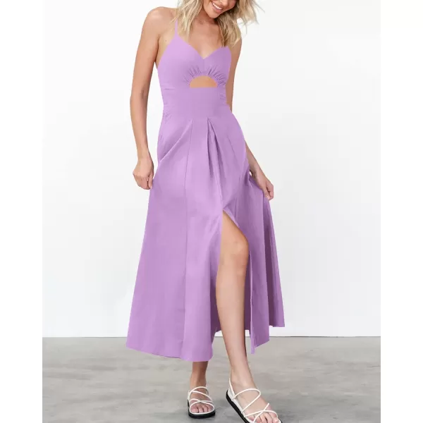 BTFBM Women 2024 Summer Spaghetti Strap Dress Sleeveless V Neck Cutout Slit Casual Beach Party Maxi Dresses with PocketsSolid Light Purple