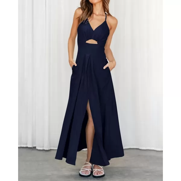 BTFBM Women 2024 Summer Spaghetti Strap Dress Sleeveless V Neck Cutout Slit Casual Beach Party Maxi Dresses with PocketsSolid Navy