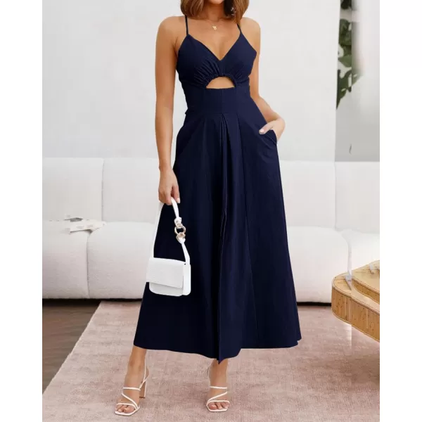 BTFBM Women 2024 Summer Spaghetti Strap Dress Sleeveless V Neck Cutout Slit Casual Beach Party Maxi Dresses with PocketsSolid Navy