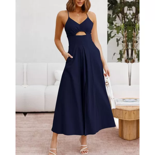 BTFBM Women 2024 Summer Spaghetti Strap Dress Sleeveless V Neck Cutout Slit Casual Beach Party Maxi Dresses with PocketsSolid Navy