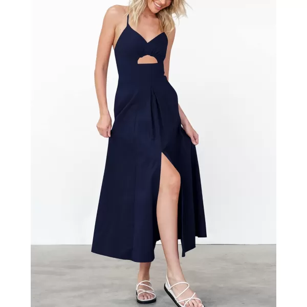 BTFBM Women 2024 Summer Spaghetti Strap Dress Sleeveless V Neck Cutout Slit Casual Beach Party Maxi Dresses with PocketsSolid Navy