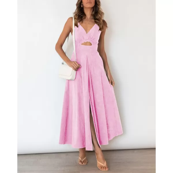 BTFBM Women 2024 Summer Spaghetti Strap Dress Sleeveless V Neck Cutout Slit Casual Beach Party Maxi Dresses with PocketsSolid Pink