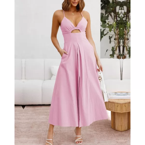 BTFBM Women 2024 Summer Spaghetti Strap Dress Sleeveless V Neck Cutout Slit Casual Beach Party Maxi Dresses with PocketsSolid Pink