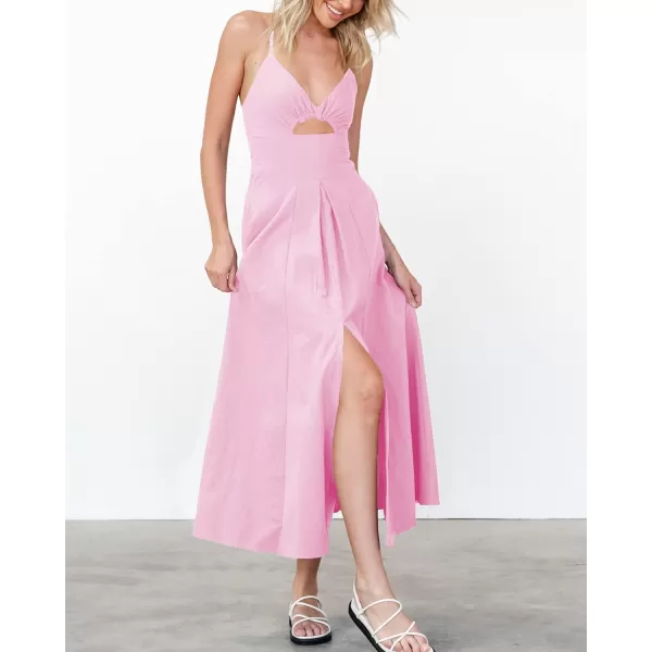 BTFBM Women 2024 Summer Spaghetti Strap Dress Sleeveless V Neck Cutout Slit Casual Beach Party Maxi Dresses with PocketsSolid Pink