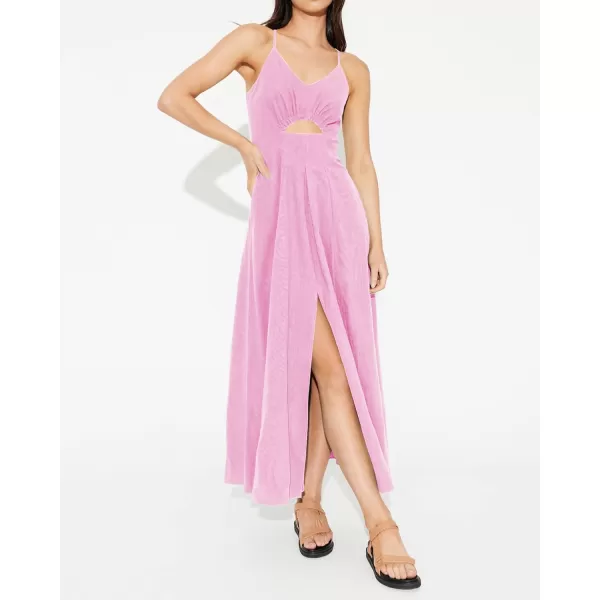 BTFBM Women 2024 Summer Spaghetti Strap Dress Sleeveless V Neck Cutout Slit Casual Beach Party Maxi Dresses with PocketsSolid Pink