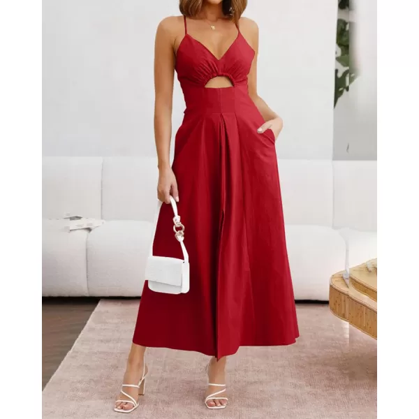 BTFBM Women 2024 Summer Spaghetti Strap Dress Sleeveless V Neck Cutout Slit Casual Beach Party Maxi Dresses with PocketsSolid Red