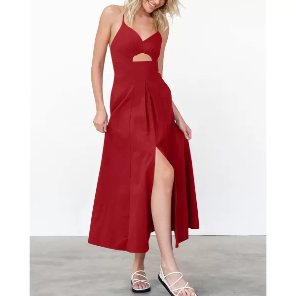 BTFBM Women 2024 Summer Spaghetti Strap Dress Sleeveless V Neck Cutout Slit Casual Beach Party Maxi Dresses with PocketsSolid Red