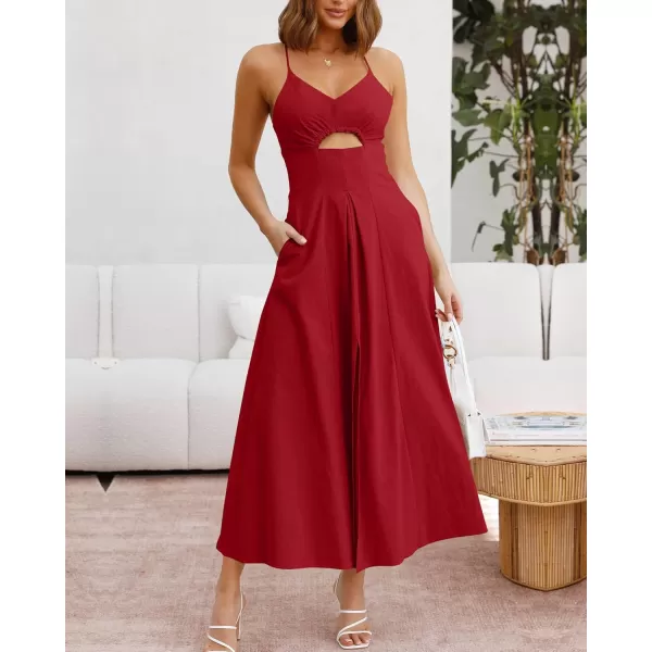 BTFBM Women 2024 Summer Spaghetti Strap Dress Sleeveless V Neck Cutout Slit Casual Beach Party Maxi Dresses with PocketsSolid Red