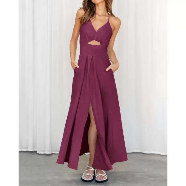 BTFBM Women 2024 Summer Spaghetti Strap Dress Sleeveless V Neck Cutout Slit Casual Beach Party Maxi Dresses with PocketsSolid Rose Purple