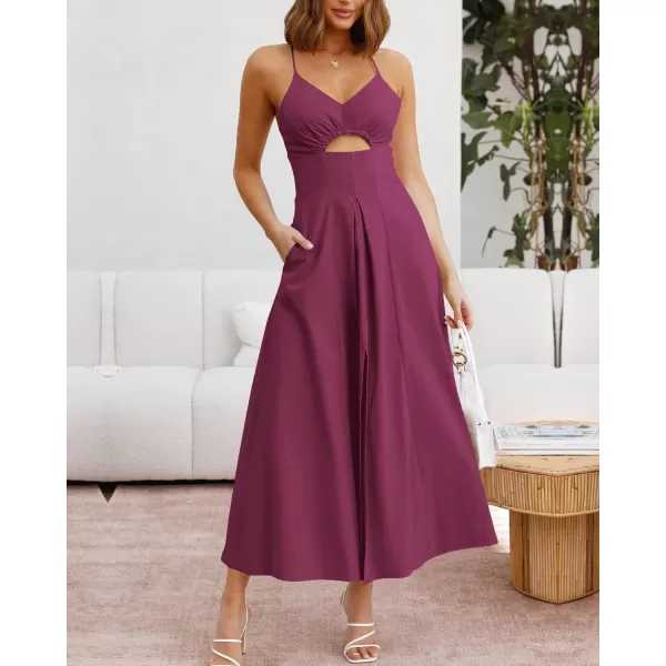 BTFBM Women 2024 Summer Spaghetti Strap Dress Sleeveless V Neck Cutout Slit Casual Beach Party Maxi Dresses with PocketsSolid Rose Purple