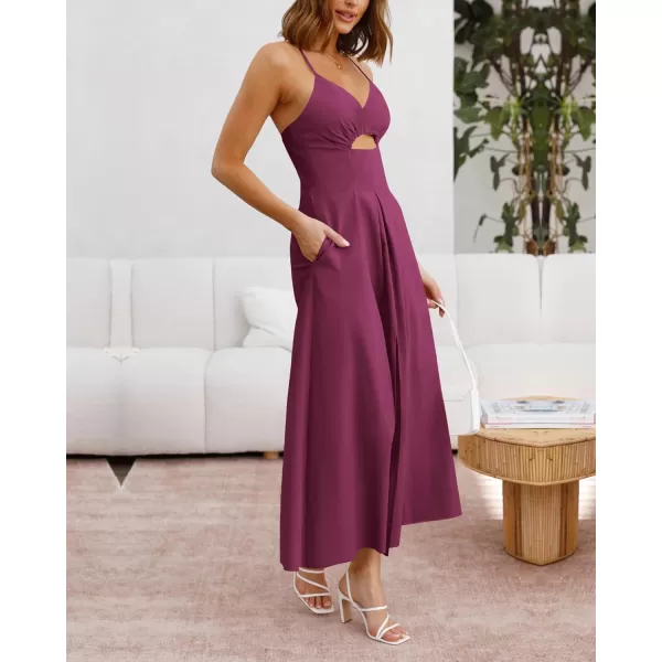 BTFBM Women 2024 Summer Spaghetti Strap Dress Sleeveless V Neck Cutout Slit Casual Beach Party Maxi Dresses with PocketsSolid Rose Purple