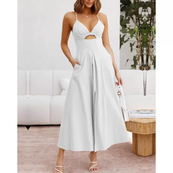 BTFBM Women 2024 Summer Spaghetti Strap Dress Sleeveless V Neck Cutout Slit Casual Beach Party Maxi Dresses with PocketsSolid White